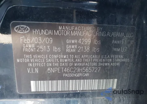 2009 Hyundai Sonata Gls из США, поврежденный, VIN 5NPET46C29H565727